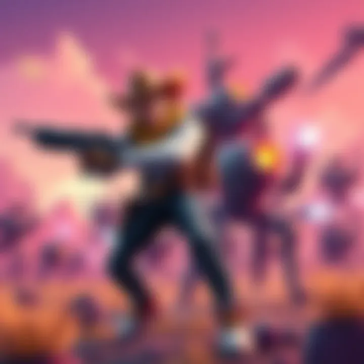 A cowboy character fights against robots in a vibrant cartoonish landscape with action elements