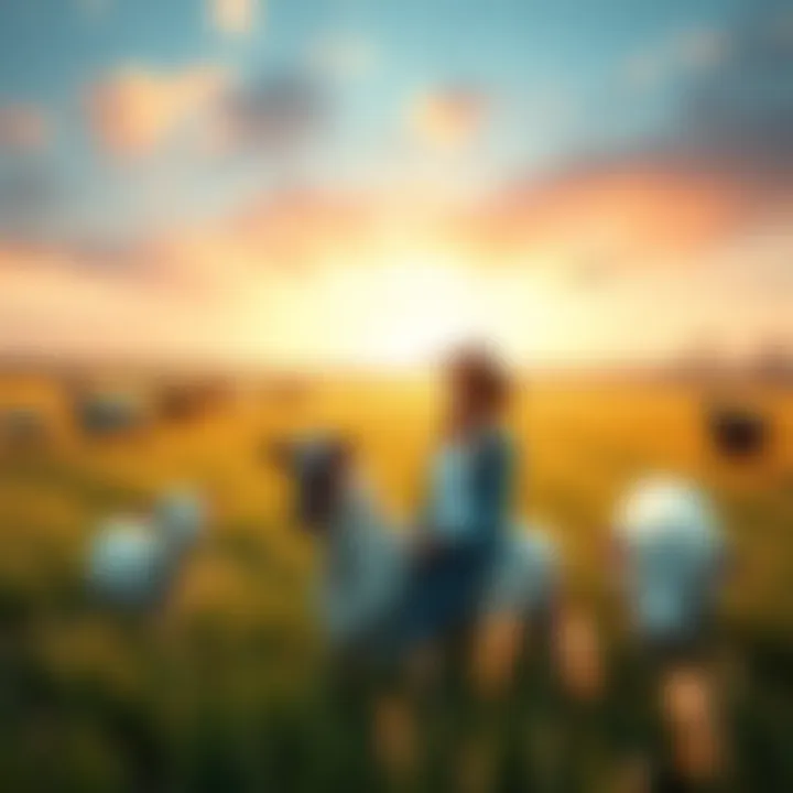 Rural field with sound elements A vibrant field with animals and natural sounds, showing a cowgirl enjoying the outdoors.