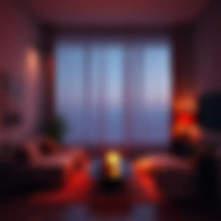 A living room with warm, dim lighting creating a cozy atmosphere