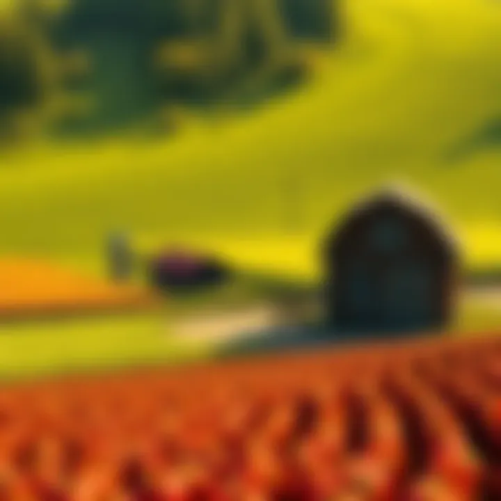 A warm farming mockup showing a vibrant field with crops and a quaint barn, inviting people to play.