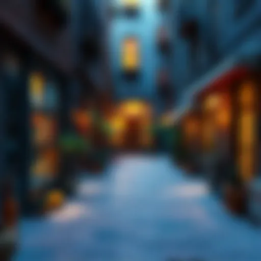 A home screen design featuring app icons arranged as objects in a charming alleyway with various window views.