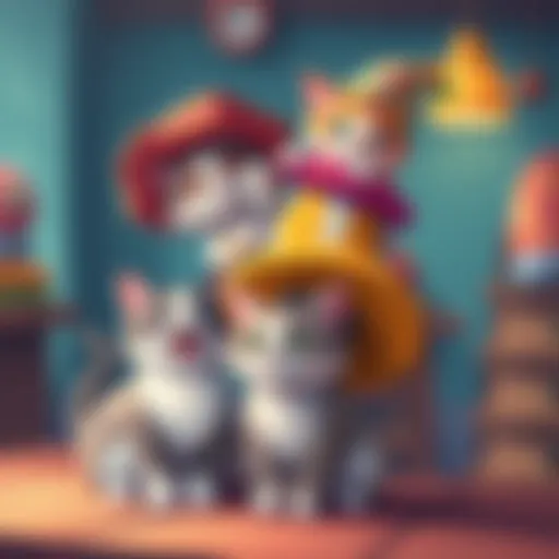 Colorful artwork featuring cats stacking hats in a playful scene