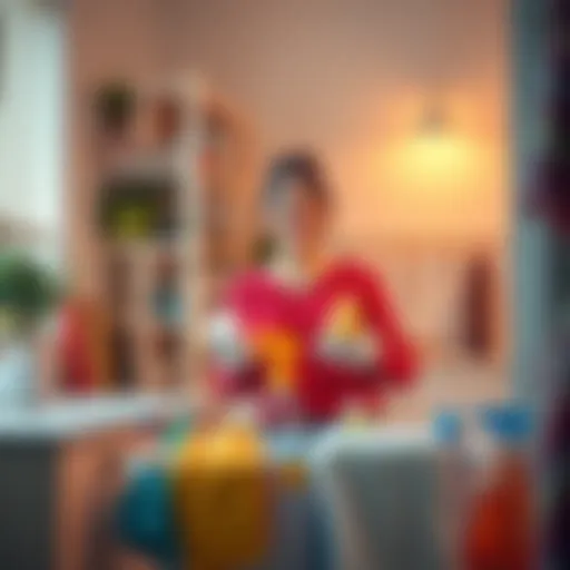 Person happily organizing their space with cleaning supplies, enjoying the simplicity of tidying up