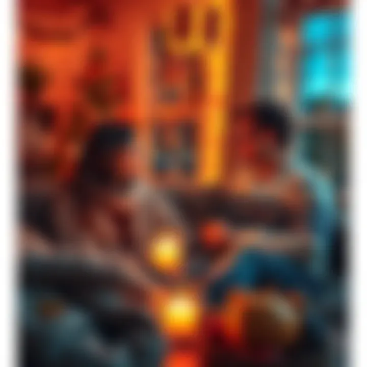 A couple enjoying a warm evening indoors with autumn decorations and soft lighting.