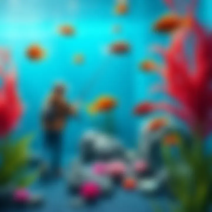 A serene fishing scene with a player catching fish near a calm aquarium backdrop, surrounded by colorful fish and plants.