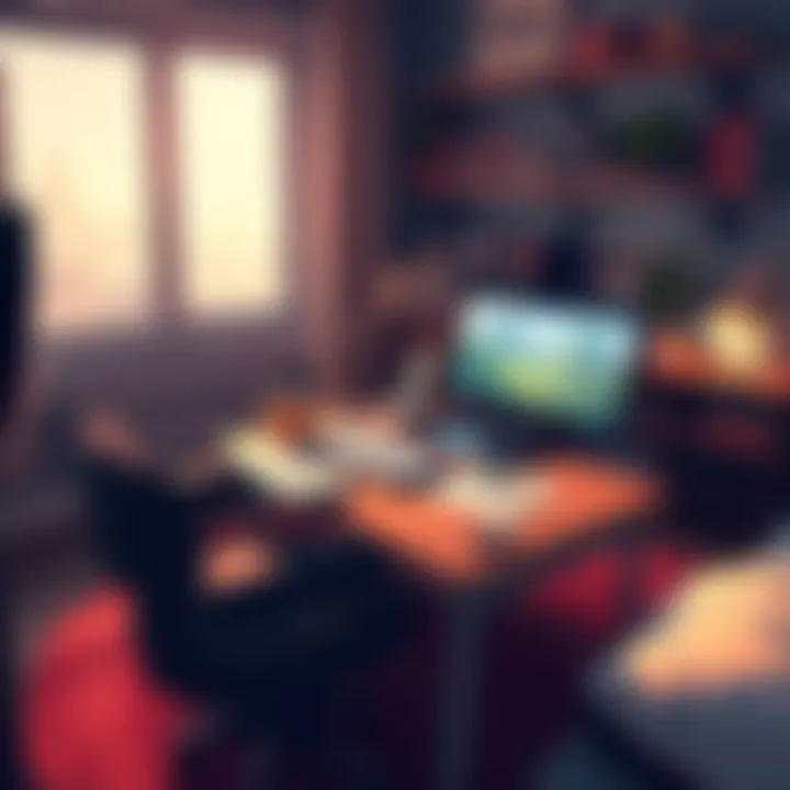 A solo developer working on a cozy adventure game in a bright workspace with a laptop, sketches and coffee mug.