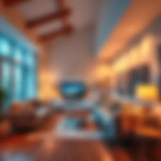 A living room featuring soft ambient lighting from multiple point sources, creating a warm and inviting atmosphere.