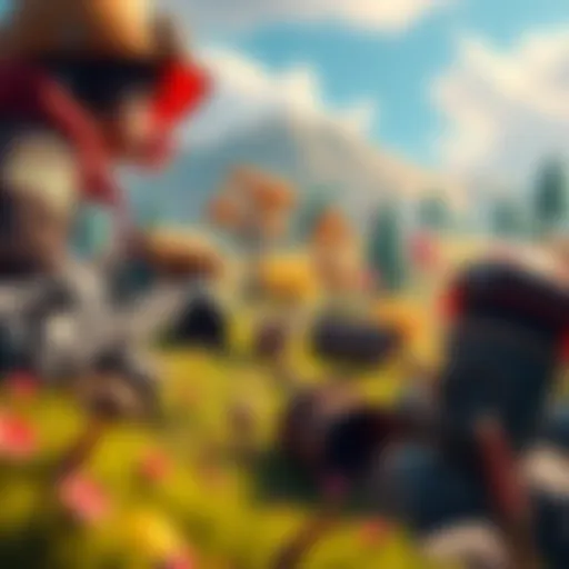 A player character mining resources in a colorful, cozy game world with trees and hills in the background