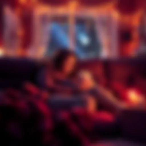 Couple cuddling on a couch while watching a movie, with popcorn and blankets around them.