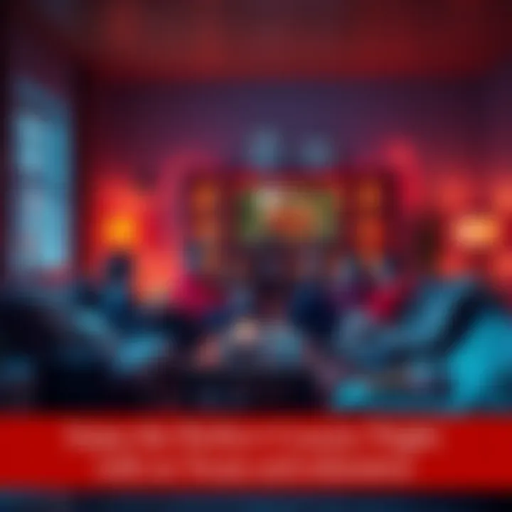 A comfortable living room with people enjoying warm snacks and watching a movie together, surrounded by soft blankets and dim lighting.