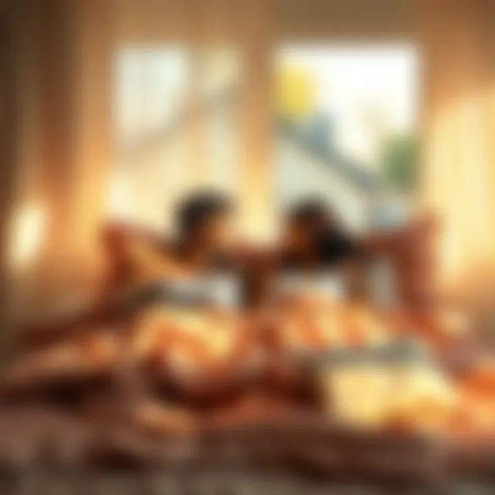 A couple enjoying a peaceful Sunday morning in bed, surrounded by pillows and sunlight.