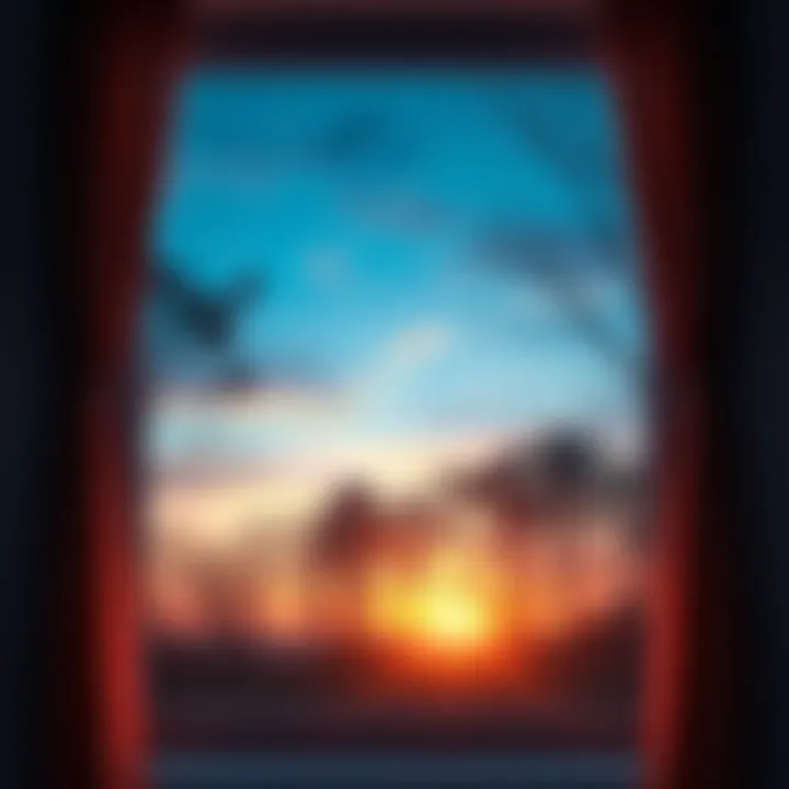 A serene view of trees and a colorful sunset seen through a window with curtains