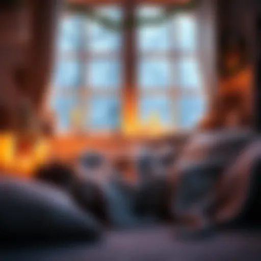 A warm room decorated for winter with candles, pinecones, and soft blankets, creating a seasonal atmosphere without snow.