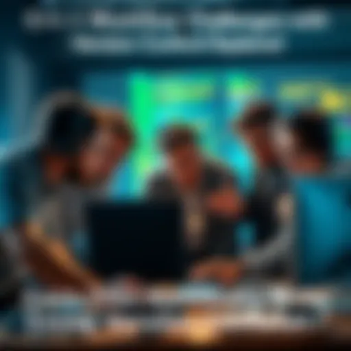 A team of developers collaborating on a C++ project, discussing code and version control issues around a computer.