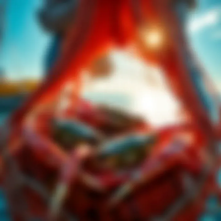 A fisherman pulls up a net filled with crabs on a sunny day