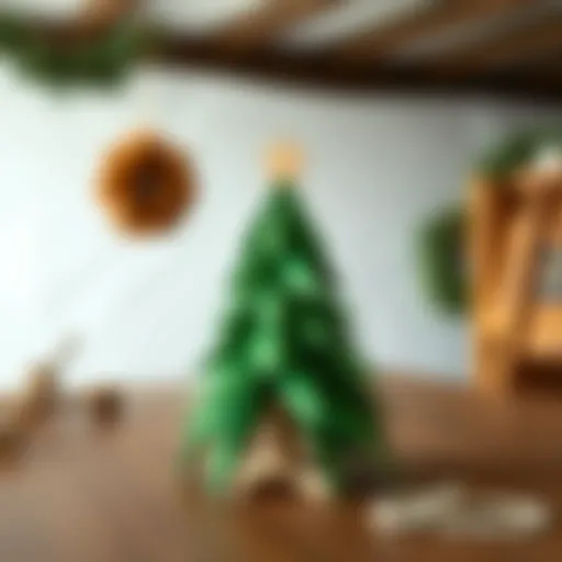 A handmade pine tree craft made from green paper and brown construction paper, displayed on a wooden table