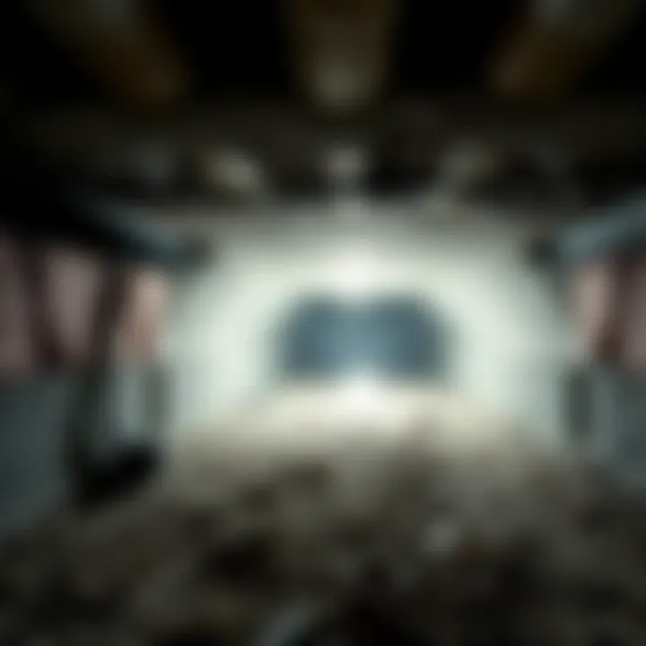 A view of a neglected crawl space under a house, showing insulation and pipes, with dust and debris visible.