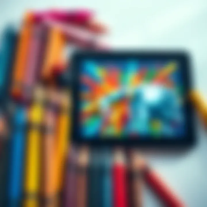 A collection of brightly colored crayons next to a digital tablet displaying AI-generated art, showing the contrast between traditional and modern art methods.