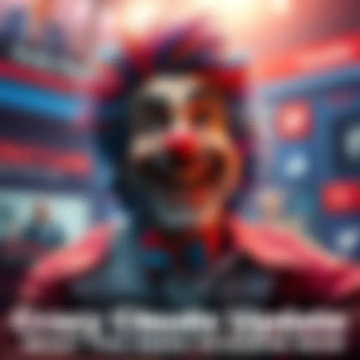 An artist's representation of Crazy Claude with a lively expression and colorful attire, surrounded by news headlines and social media symbols.