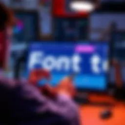 A person designing a unique font on a digital screen with creative tools in the background.
