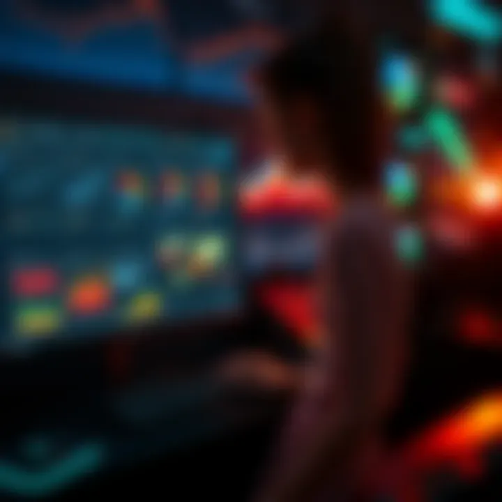 A person working on a computer, designing a colorful dashboard game with charts and graphics