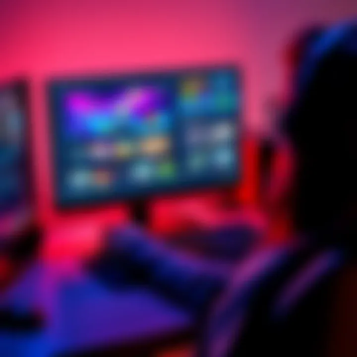 A person using a computer to design a game on a user-friendly platform, showcasing various game elements on the screen.