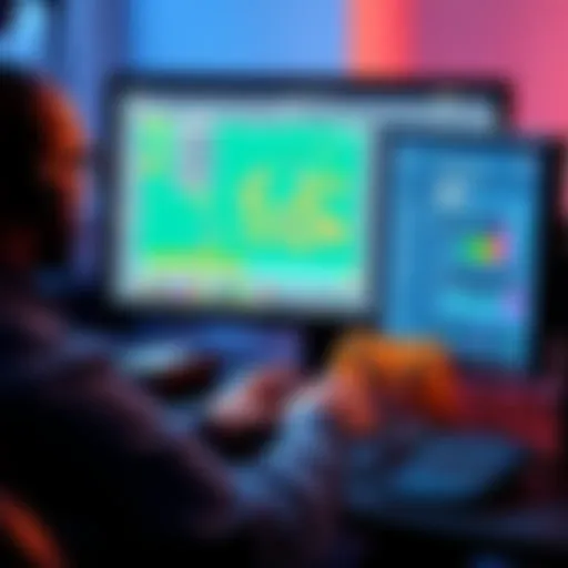 A person at a computer screen with Game Maker open, designing a simple video game interface