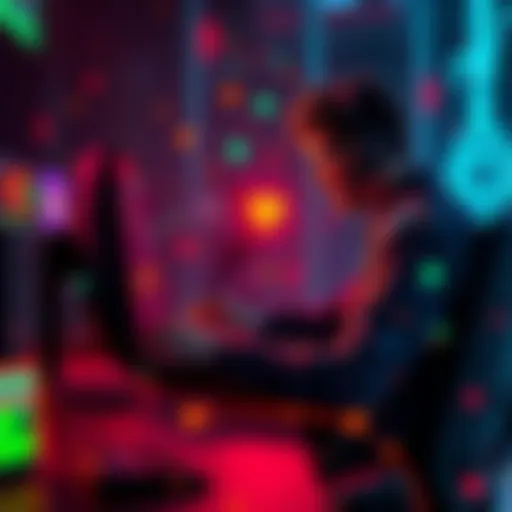 An indie developer working on a computer with AI-generated art for a game, showcasing unique game assets