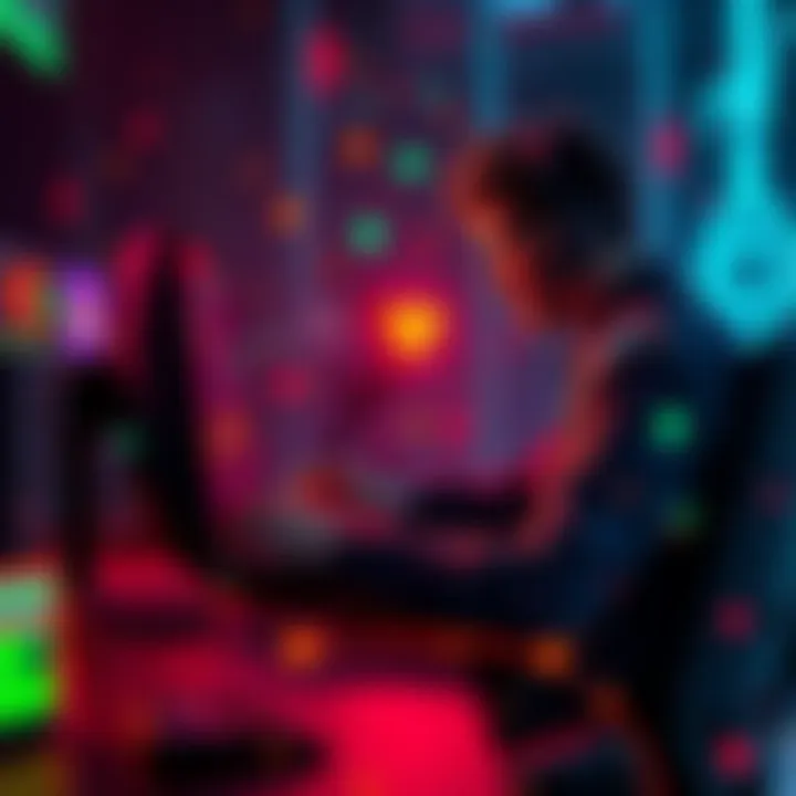 An indie developer working on a computer with AI-generated art for a game, showcasing unique game assets