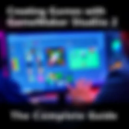 A person using GameMaker Studio 2 on a computer screen, showcasing game design tools and colorful graphics