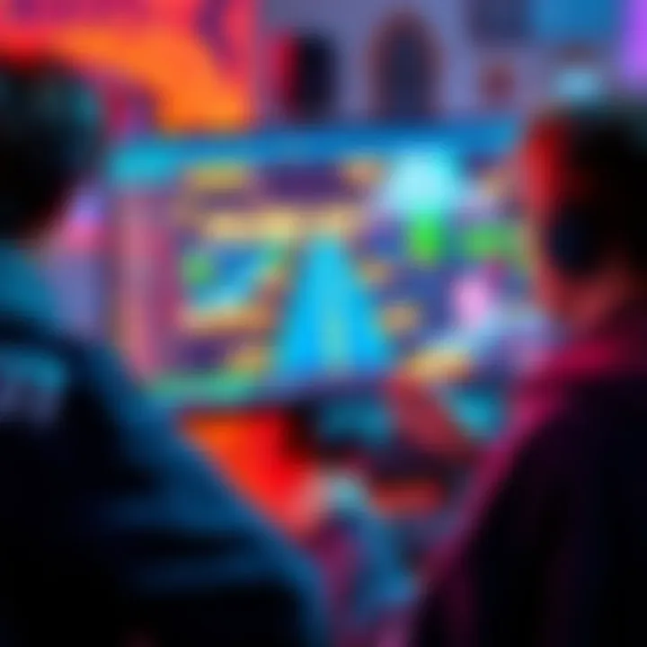 A person using visual scripting software to design a video game, with colorful graphics on the screen.