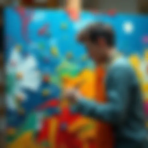 An artist skillfully layering colors and textures on a canvas to form 184 distinct layers in a short time.