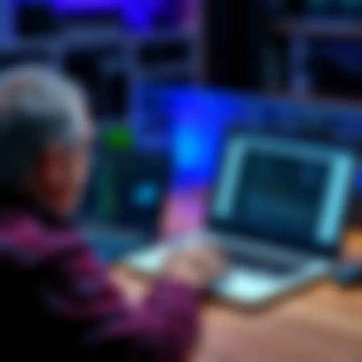 A retired developer shows two laptops, one with a local Git project and the other displaying GitHub's empty repository page.