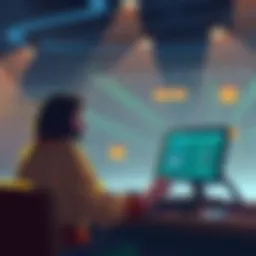 An illustration of a game developer designing NPC schedules in Godot, showing a character interacting in a game world with a schedule chart in the background.