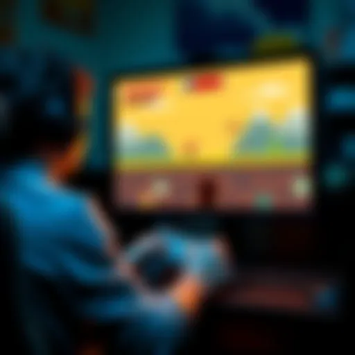 A person working on a computer with a retro PS1-style game on the screen, showing pixel art graphics and simple gameplay elements.
