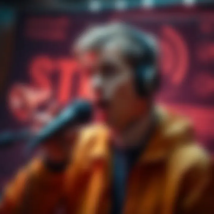 Creating a Real-World STT Torture Test A person speaking into a microphone with various sound challenges in the background, testing speech-to-text technology