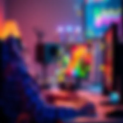 A person working on a computer, designing colorful and dynamic visual effects for a project