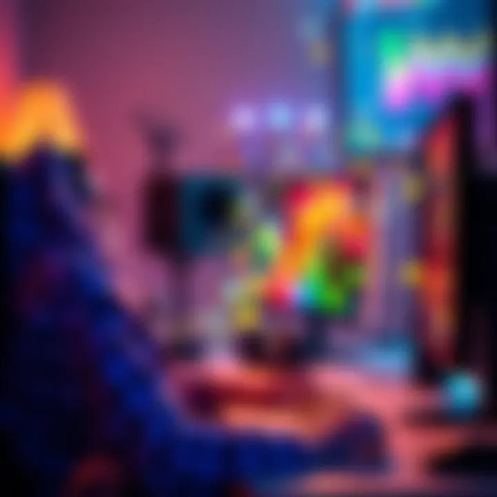 A person working on a computer, designing colorful and dynamic visual effects for a project