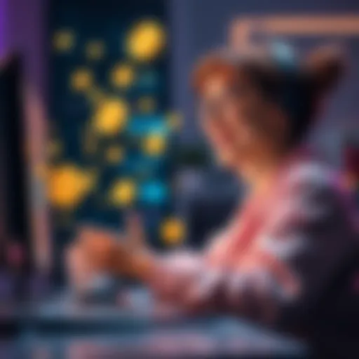 A person happily creating digital images on a computer, with graphics representing credits and rewards floating around them.