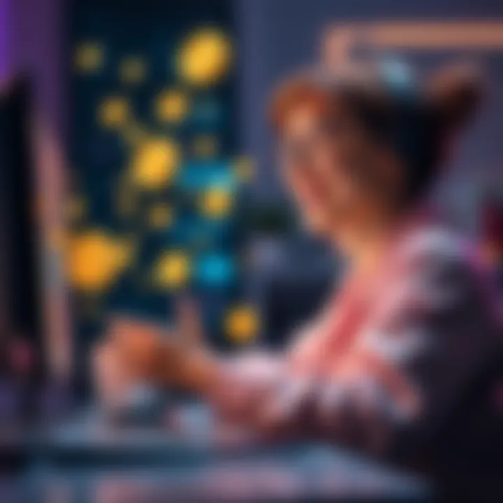 A person happily creating digital images on a computer, with graphics representing credits and rewards floating around them.