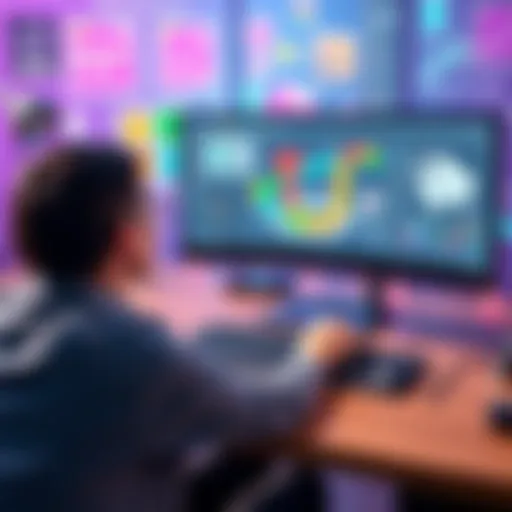 A person using a computer with design software on the screen, surrounded by colorful graphics and sketches, resembling a video game interface