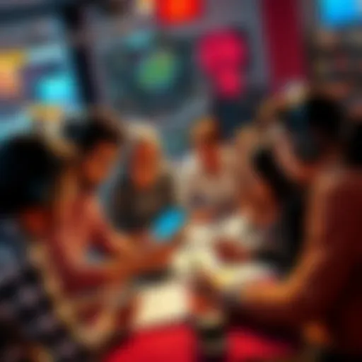 A diverse group of people collaborating on game design with sketches and digital tools, showcasing concept art and story ideas.