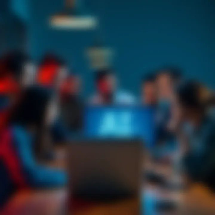 A diverse group of people sitting around a table, staring at a laptop displaying AI-generated humor, with expressions of confusion and disappointment, highlighting the impact of AI on creativity in teamwork.