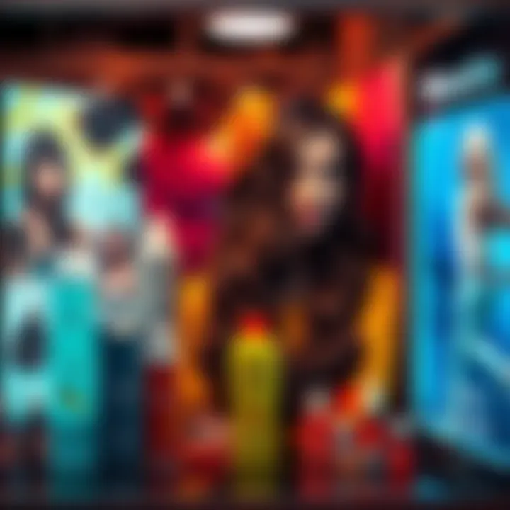 A vibrant display of various hair care products with engaging ads showcasing their unique features.