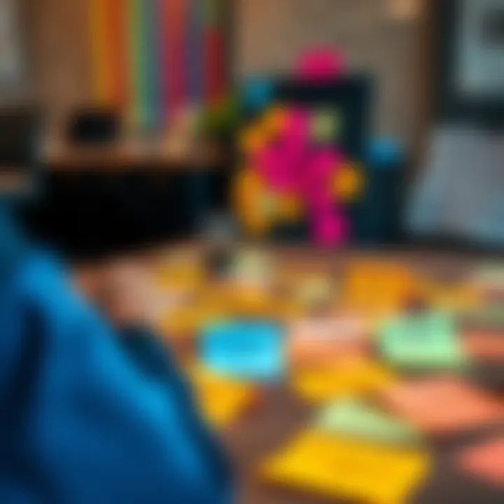 A brainstorming session with sticky notes displaying various project names on a table