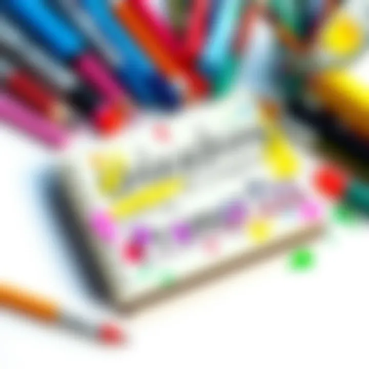 A colorful notebook with creative prompts written on the pages, surrounded by art supplies like markers and paintbrushes.