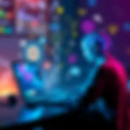 A person using a laptop with vibrant graphics and colorful ideas floating around, showcasing creativity with AI technology