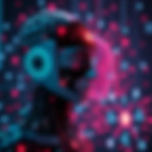 A modern art piece showing the contrast between narrow AI and AGI, illustrating creativity with digital elements and abstract shapes.