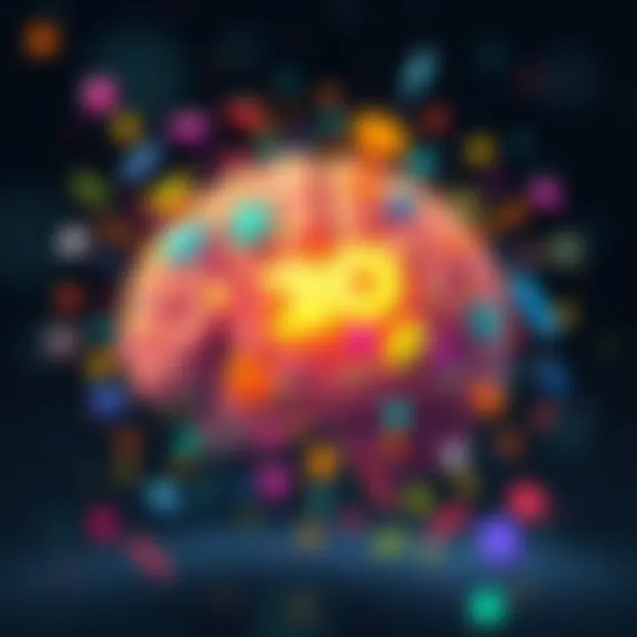 A digital illustration showing an AI brain generating colorful ideas and stories from abstract shapes and words, highlighting creative potential.