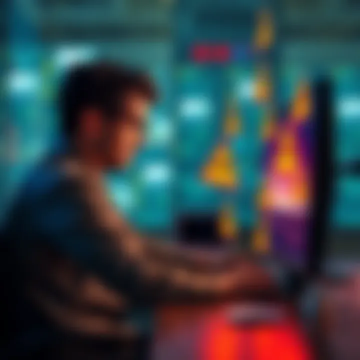 A person sitting at a computer, looking frustrated as they interact with a creative AI tool with warning signs around it, symbolizing restrictions.